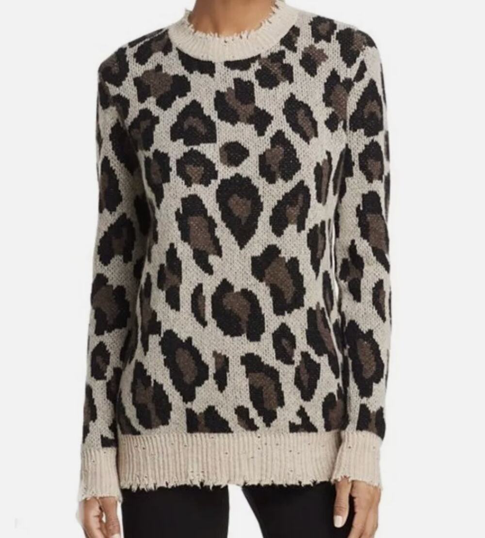 AQUA Women's Leopard Cashmere Sweater MEDIUM Distressed Cheetah Animal Print